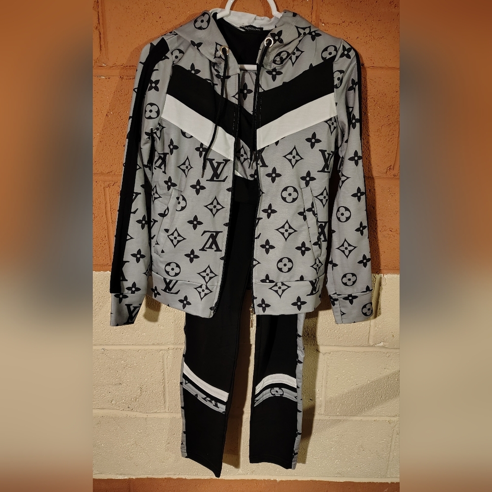 Gray White Black 3 Piece Monogram Logo Tracksuit Sweatpants Hoodie Top Size S